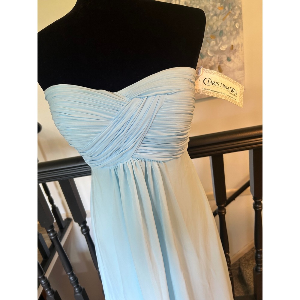 Christina Wu Celebration 22499 Capri Blue Strapless Chiffon Gown Dress Womens 6 - Picture 2 of 8